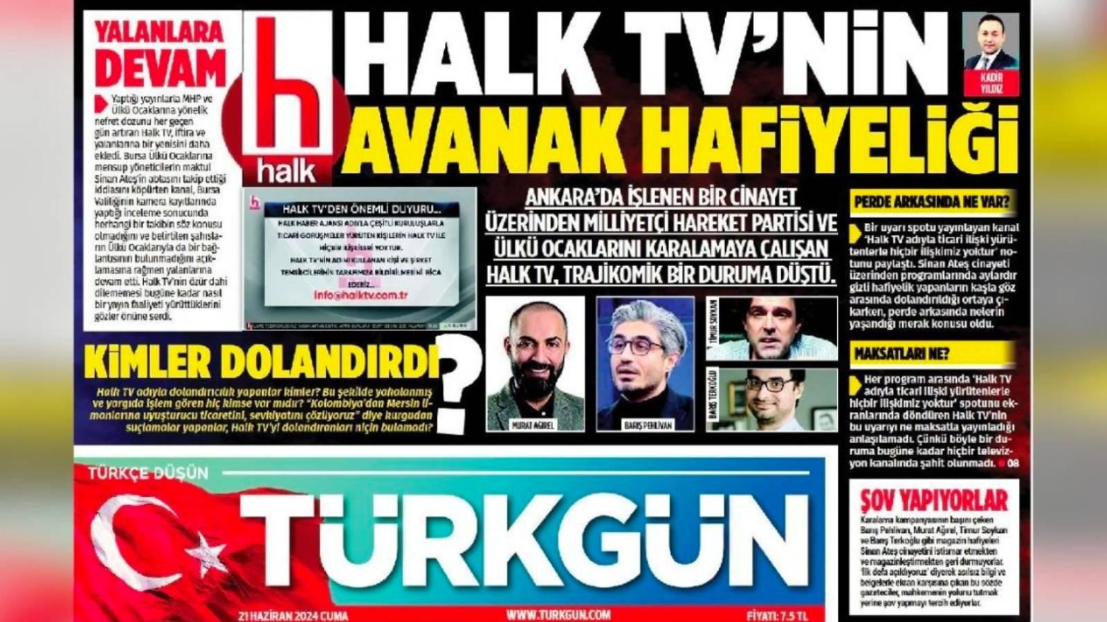 Türkgün; Ağırel, Pehlivan, Soykan ve Terkoğlu’nun fotoğraflarını manşetten verdi: Sinan Ateş cinayeti üzerinden MHP’yi karalamaya çalışıyorlar
